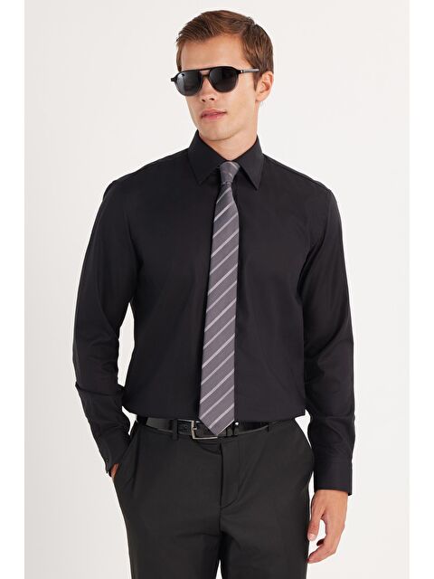 TUDORS Erkek Regular Fit Beyaz Non-Iron %100 Pamuk Doğa Dostu Ekoteks Belgeli Ütü Gerektirmez Siyah Gömlek - S000520345-19351