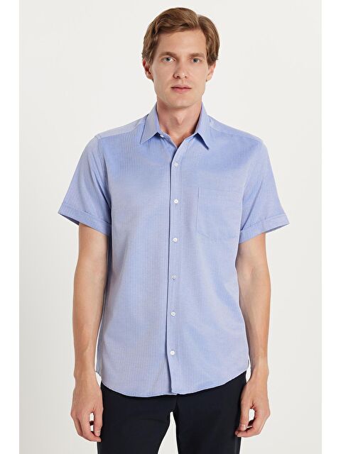 TUDORS Erkek Regular Fit Klasik Kesim Kısa Kollu Pamuklu Tek Cepli Armürlü Saks Mavi Gömlek - S000520346-23710