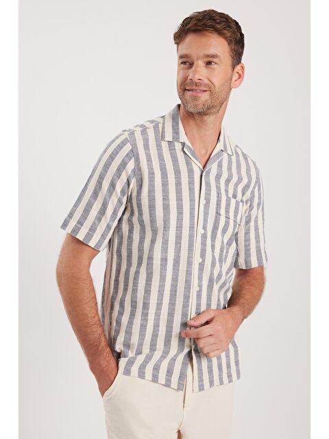 TUDORS Erkek Regular Fit Klasik Kesim Kısa Kollu Apaş Yaka Çizgili Cepli %100 Pamuk Gömlek - S000520351-23173