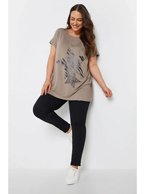 Stil Diva Büyük Beden Bisiklet Yaka Kısa Kollu Yıldız Taş Baskılı T-shir 322119 - S000299815-19928