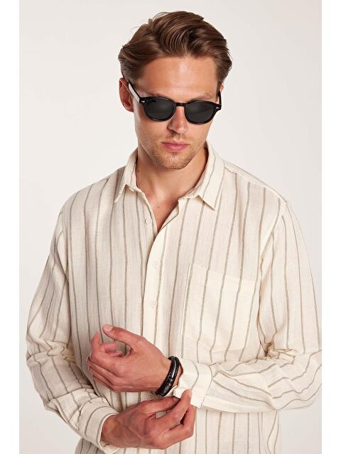 TUDORS Regular Fit Keten Görünüm Pamuklu Çizgili Dökümlü Rahat Cepli Spor Gömlek - S000520353-23173