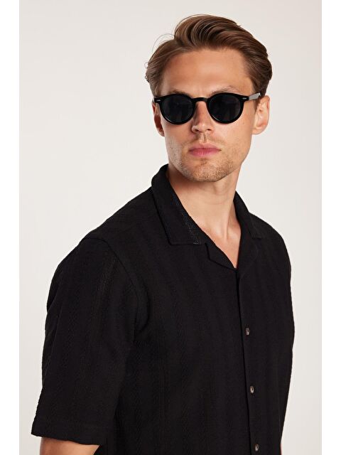 TUDORS Erkek Regular Fit Klasik Kesim %100 Pamuk Keten Efekt Kısa Kollu Spor Apaş Yaka Siyah Gömlek - S000520356-19351