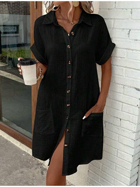 Jane's Kadın Kısa Kollu Bisiklet Yaka Yandan Yırtmaçlı Viskon Midi Elbise - S000528104-19351