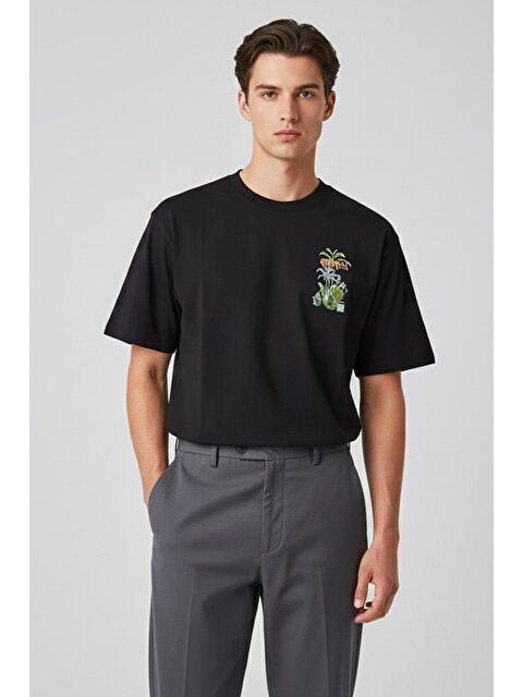 Sabri Özel Giotelli Siyah Regular Fit %100 Pamuk Baskılı Bisiklet Yaka Erkek Tişört - S000525254-19351