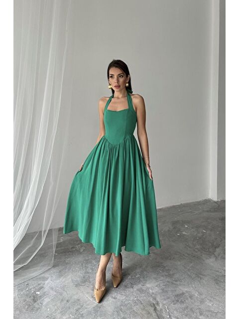 Jane's Yeşil Boyundan Bağlamalı Keten Elbise - S000528112-18194