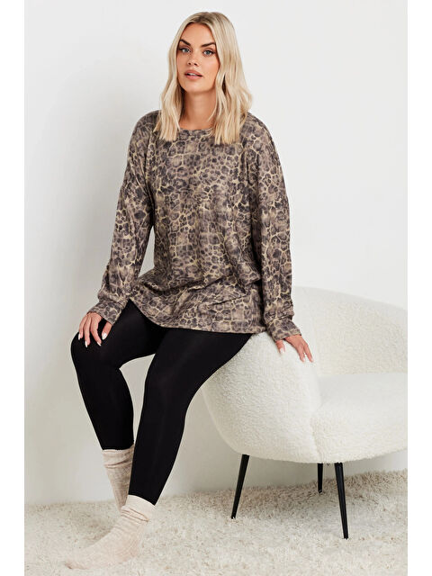 Stil Diva Büyük Beden Bisiklet Yaka Uzun Kollu Leopar Desenli Bluz 322185 - S000299816-23173