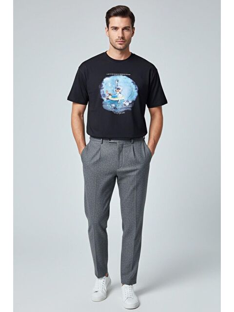 Sabri Özel Giotelli Siyah Oversize Fit %100 Pamuk Baskılı Bisiklet Yaka Erkek Tişört - S000525264-19351