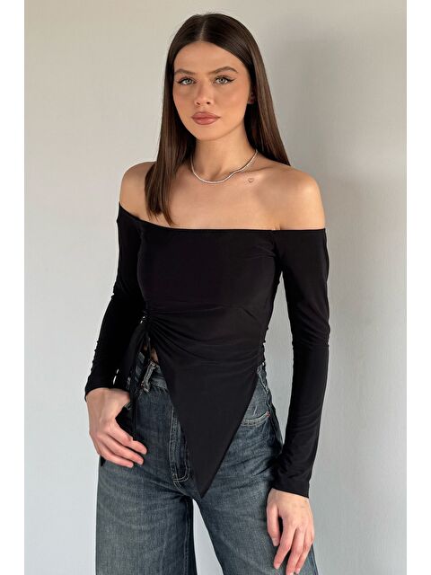 Gülseli Kadın Ön Büzgü Detaylı Elastanlı Asimetrik Kesim Crop Top Bluz - S000491604-19351
