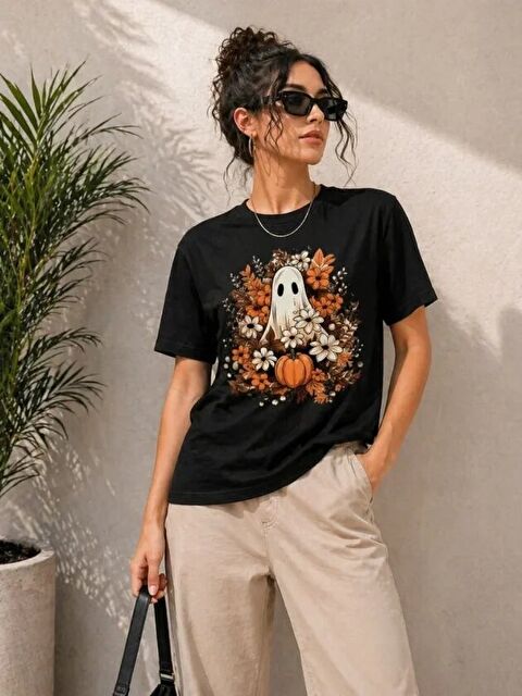 Jane's Balkabağı Hayalet Baskılı Tişört Kısa Kol Yazlık T-Shirt - Siyah