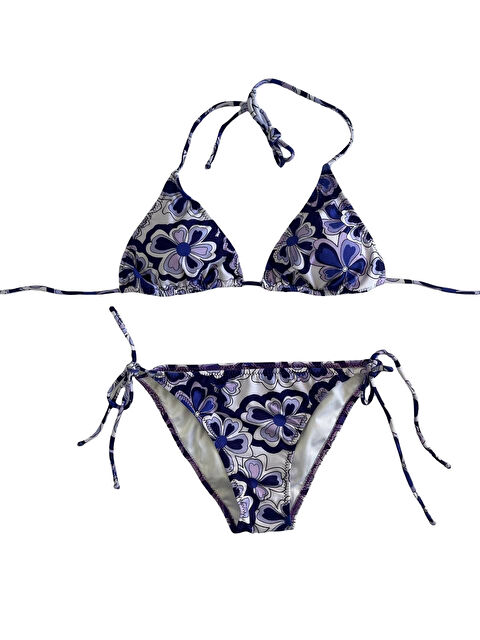 Hazelin Kadın Lila Çiçek Desenli Boyundan İp Bağlamalı Üçgen Bikini Takımı HZL25S-LC5005 - S000390228-17878