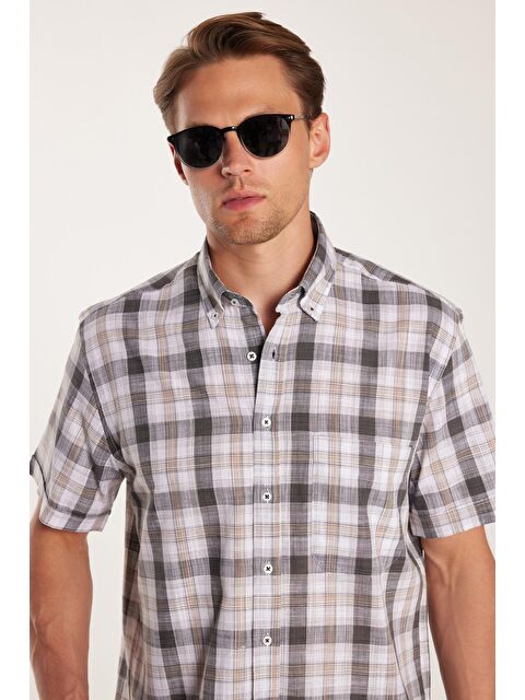 TUDORS Erkek Regular Fit Klasik Kesim %100 Pamuk Keten Doku Cepli Kareli Kısa Kollu Düğmeli Yaka Gömlek - S000520363-23173