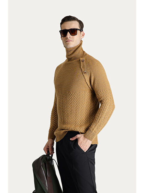 Kiğılı Balıkçı Yaka Slim Fit Dar Kesim Desenli Yünlü Triko Kazak - S000405102-4557