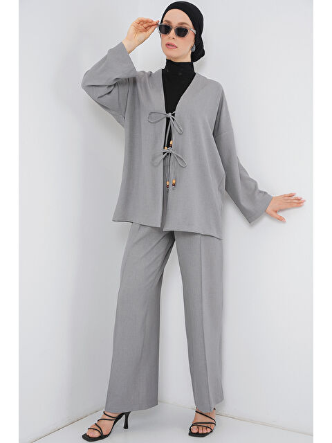 Bigdart Kadın Keten Kimono İkili Takım 6727 - Gri - S000377828-20600