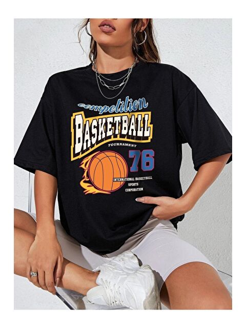 Trendseninle Kadın Siyah Basketball Tournament Baskılı Oversize Tişört - S000116348-19351
