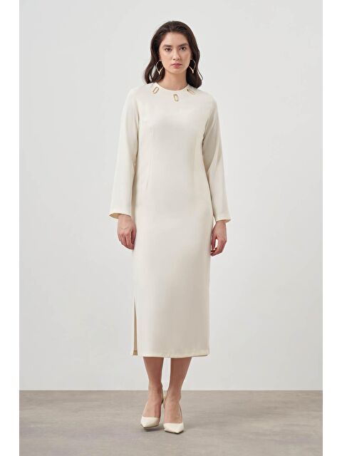 Mizalle Süs Yakalı Ekru Elbise - S000160272-19965