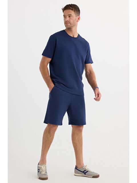 TUDORS Relax Fit Rahat Kesim %100 Pamuk Hafif Kalın Özel Tasarım Erkek Lacivert Şortlu Eşofman Takım - S000520371-21164
