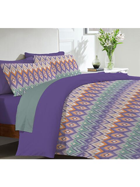 Evmila Geometrik Desen Baskılı Çift Kişilik 200x220 cm 2 Adet 50x70 cm Nevresim Takımı - Mor - S000130756-23173