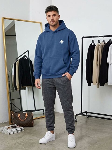 Trendseninle İndigo Horse Baskılı Oversize Kapüşonlu Erkek Hoodie