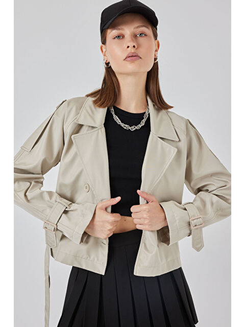 Bigdart Kadın Kemerli Kısa Trençkot 5970 - Taş - S000435577-25636