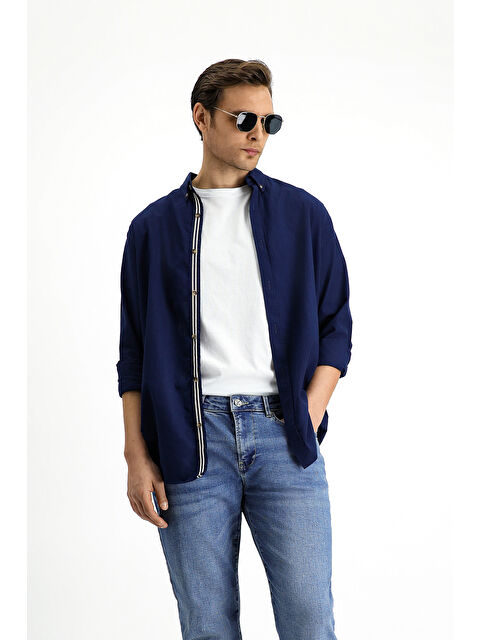 Kiğılı Uzun Kol Regular Fit Düğmeli Yaka Keten Görünümlü Spor Pamuk %100 Pamuk Gömlek - S000403983-21164