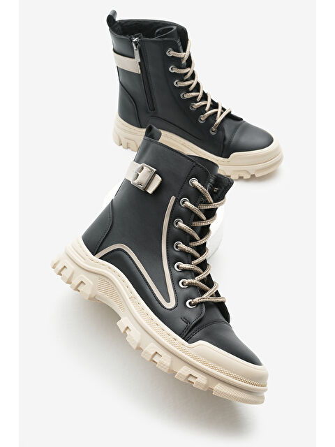 TONNY BLACK Kadın Siyah Cilt Termo Taban Yanı Tokalı Bağcıklı ve Fermuarlı Bot - S000327035-14430