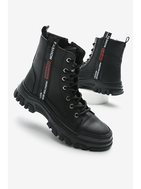 TONNY BLACK Kadın Siyah Cilt Termo Taban Yanı Şerit Yazılı Bağcıklı ve Fermuarlı Bot - S000327034-14430