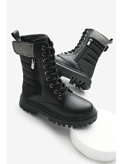 TONNY BLACK Kız Çocuk Siyah Cilt Termo Taban Taş Detaylı Fermuarlı ve Bağcıklı Cırtlı Bot - S000320419-1720