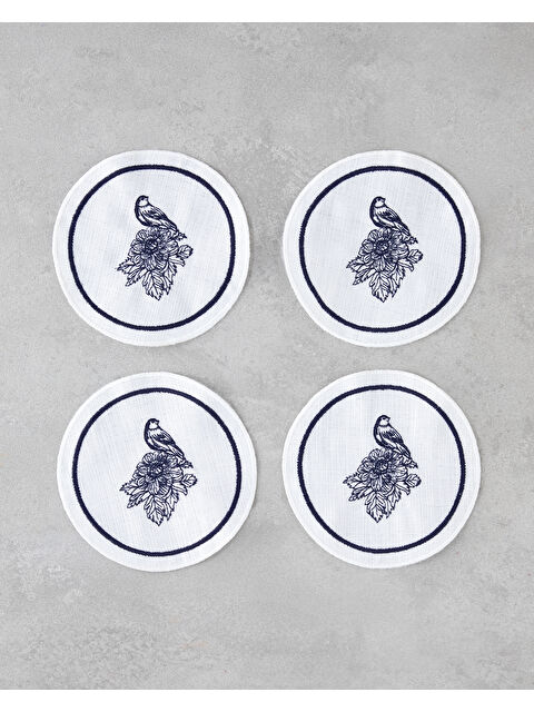 English Home Edenic Polyester 4'lü Bardak Altlığı 14 cm Beyaz - Lacivert - S000502054-37494