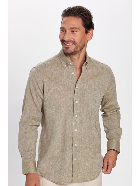 TUDORS Erkek Regular Fit Klasik Kesim Pamuklu Keten Doku Düğmeli Yaka Yeşil Gömlek - S000520374-18194