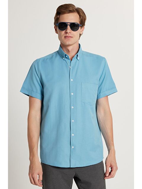 TUDORS Erkek Klasik Regular Fit Rahat Kesim Düğmeli Spor Yaka Oxford Pamuklu Kısa Kol Mavi Gömlek - S000520375-17234