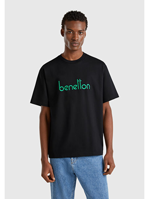 United Colors Of Benetton Erkek Siyah %100 Pamuk Önü Logo İşlemeli  Tişört - S000415291-19351