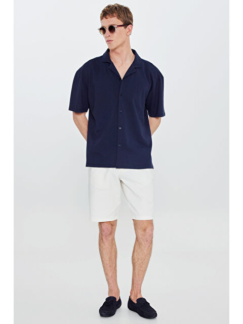 AC&Co / Altınyıldız Classics Erkek Lacivert Pamuklu Comfort Fit Rahat Kesim Hawai Yaka Armürlü Örme Gömlek