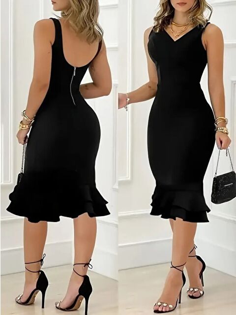 Jane's Kadın Askılı V Yaka Arkadan Fermuarlı Dalgıç Elbise - S000528124-19351