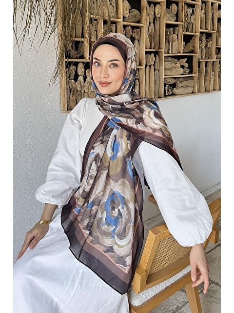 Lamelif Çiçek Desen Pamuk Şal Soft Kahve - S000529597-19413