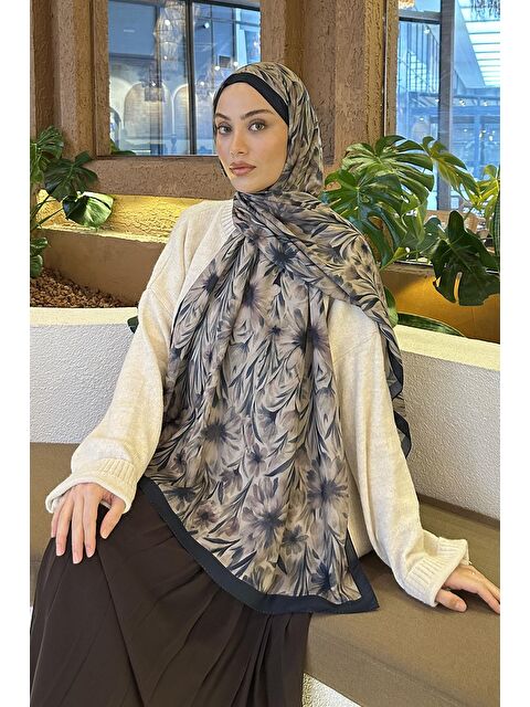 Lamelif Daisy Flowers Desen Soft Pamuk Şal Lacivert Vizon - S000529732-21164