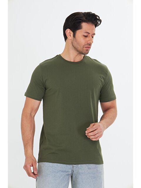 TRENDHILL Erkek Büyük Beden Pamuklu Bisiklet Yaka Tişört Haki 5014B-H - S000526680-18547