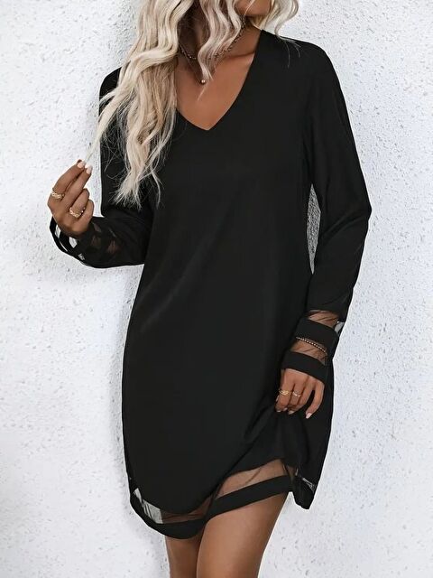 Jane's Kadın Uzun Kollu V Yakalı şeritli Tül Detaylı Ithal Krep Elbise - S000528132-19351