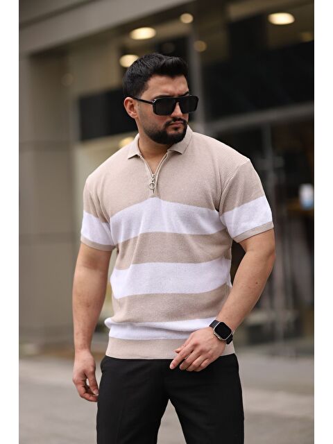 Trendseninle Bej Yarım Fermuarlı Polo Yaka Çizgili Triko Erkek Kısa Kollu Tişört - S000359969-19928
