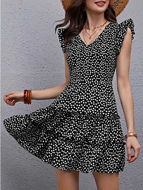 Jane's Kadın Kısa Kollu V Yakalı Desenli Fırfırlı Süprem Elbise - S000528133-19351