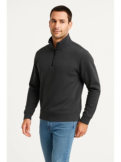 Jane's Erkek Dik Yaka Sweatshirt Dik Yaka Yarım Fermuarlı 3 İplik Şardonlu Pamuk Kumaş - Antrasit