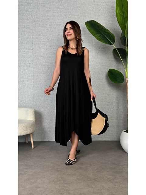 Jane's Kadın çan Dokuma Kumaş V Yaka Asimetrik Kesim Elbise - S000527889-19351