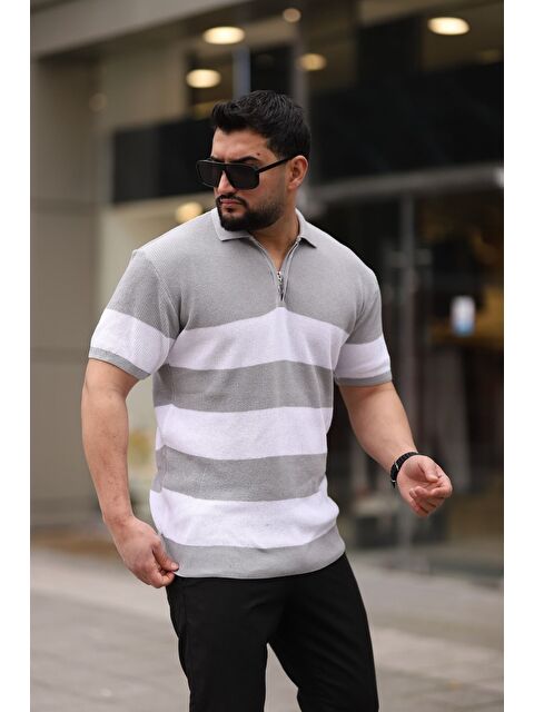 Trendseninle Taş Gri Yarım Fermuarlı Polo Yaka Çizgili Triko Erkek Kısa Kollu Tişört - S000359969-20600