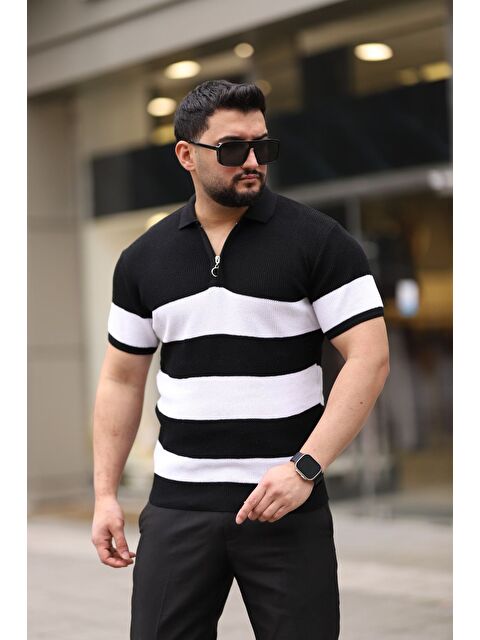 Trendseninle Siyah Yarım Fermuarlı Polo Yaka Çizgili Triko Erkek Kısa Kollu Tişört - S000359969-19351