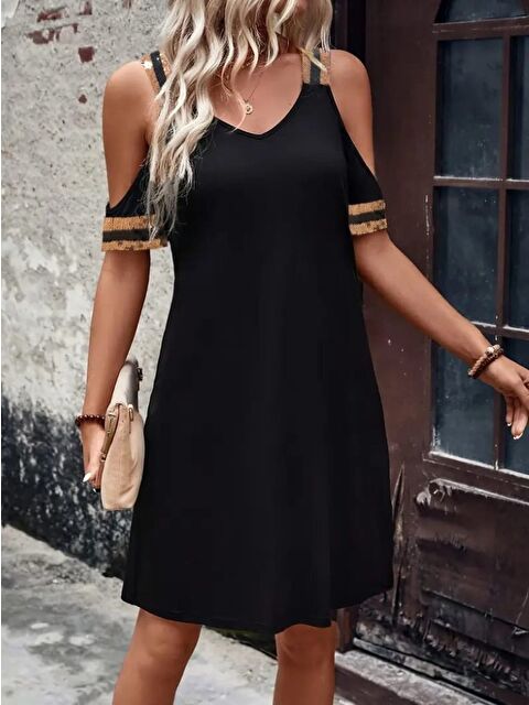 Jane's Kadın Askılı V Yakalı Omuzlardan Açık Kısa Viskon Elbise - S000528139-19351