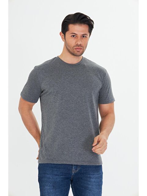 TRENDHILL Erkek Büyük Beden Pamuklu Bisiklet Yaka Tişört Antrasit 5014B-A - S000526680-29666