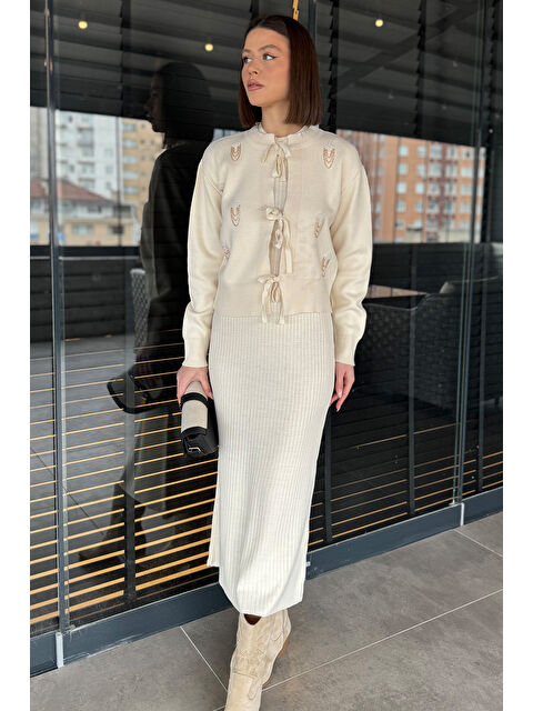 Gülseli Kadın İnci Ve Taş İşlemeli Triko Elbise Hırka İkili Takım - S000352117-19966