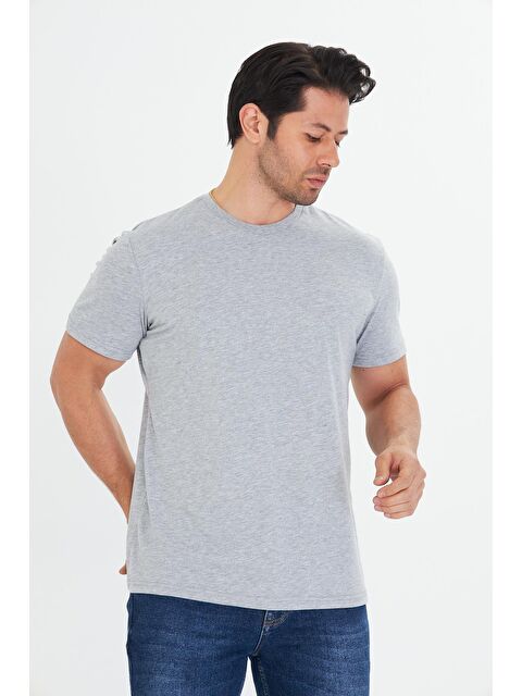 TRENDHILL Erkek Büyük Beden Pamuklu Bisiklet Yaka Tişört Gri 5014B-G - S000526680-20600