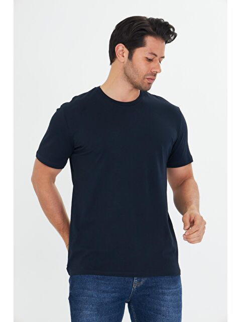 TRENDHILL Erkek Büyük Beden Pamuklu Bisiklet Yaka Tişört Lacivert 5014B-L - S000526680-21164