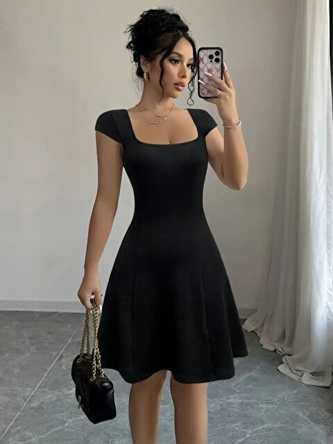 Jane's Kadın Kısa Kollu Geometrik Yakalı Janjan Krep Elbise - S000528146-19351