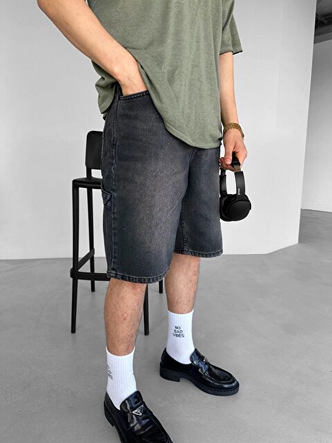 Abluka Online Erkek Baggy Fit Yıkamalı Jean Şort Siyah - S000203301-19351